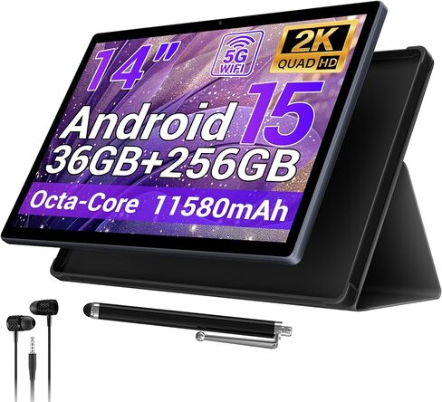 تابلت 2025 مقاس 14 بوصة يعمل بنظام Android 15 مع قلم شاشة وشاشة 2K FHD وذاكرة وصول عشوائي 36 جيجابايت وذاكرة قراءة فقط 256 جيجابايت (1 تيرابايت TF)، بطارية 11580 مللي أمبير في الساعة، MT6769 8-Core 2.0 جيجا هرتز، 4 مكبرات صوت، 8+13 ميجابكسل مع سماعات أذن، in Kuwait