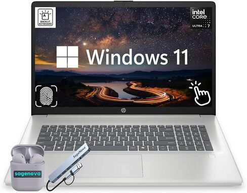 كمبيوتر محمول HP بشاشة لمس 17.3 بوصة، Intel Core Ultra 7 255U (12-Core، حتى 5.2 جيجا هرتز)، ذاكرة وصول عشوائي DDR5 سعة 32 جيجابايت، سعة تخزين 1.5 تيرابايت (1 تيرابايت SSD+512 جيجابايت قاعدة تركيب SageNova)، لوحة مفاتيح بإضاءة خلفية، قارئ بصمات الأصابع، Wi in Kuwait