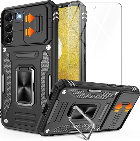 Gritup for Samsung Galaxy S22 Case with 2-Pack HD Screen Protectors and Slide Camera Cover，12 FT Military Grade Drop Protection，Magnetic Ring Holder Kickstand Protective Phone Case,Black in Kuwait