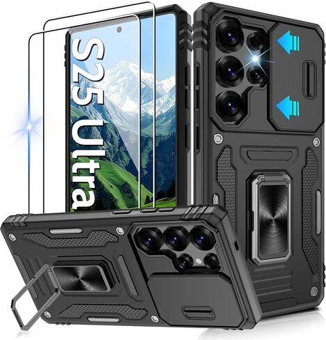 Gritup for Samsung Galaxy S22 Case with 2-Pack HD Screen Protectors and Slide Camera Cover，12 FT Military Grade Drop Protection，Magnetic Ring Holder Kickstand Protective Phone Case,Black in Kuwait
