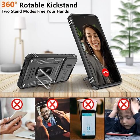 Gritup for Samsung Galaxy S22 Case with 2-Pack HD Screen Protectors and Slide Camera Cover，12 FT Military Grade Drop Protection，Magnetic Ring Holder Kickstand Protective Phone Case,Black in Kuwait