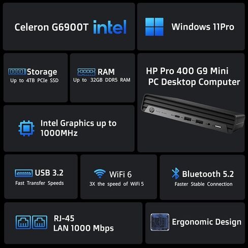 كمبيوتر مكتبي صغير HP Pro 400 G9، وحدة معالجة مركزية Intel، ذاكرة وصول عشوائي DDR5 سعة 16 جيجابايت، محرك أقراص PCIe SSD سعة 1 تيرابايت، دعم عرض ثلاثي 4K، USB-C، تصميم فائق الهدوء، بلوتوث 5.2، WiFi 6، لوحة مفاتيح وماوس، Windows 11 Pro in Kuwait