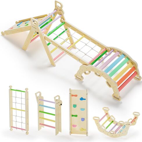 BlueWood 2025 8-in-1 Pikler Triangle Climbing Set Toddler Toys Indoor Baby Jungle Gym Climber Playground for Kids - Mauve Pink in Saudi Arabia