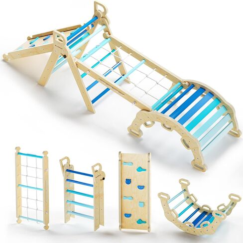 BlueWood 2025 8-in-1 Pikler Triangle Climbing Set Toddler Toys Indoor Baby Jungle Gym Climber Playground for Kids - Mauve Pink in Saudi Arabia