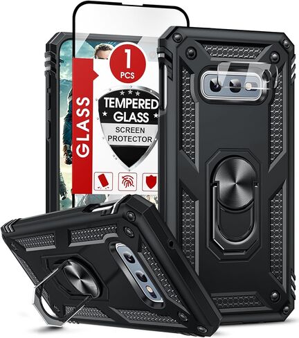 حافظة هاتف LeYi لهاتف Samsung Galaxy S10E: [𝐍𝐨𝐭 𝐅𝐢𝐭 𝐒𝟏𝟎]، مع واقي شاشة زجاجي وواقي عدسة الكاميرا، غطاء خلوي Android من الدرجة العسكرية مع حلقة مغناطيسية لهاتف Samsung S10E 5G، أسود in Kuwait