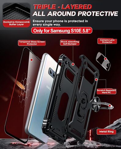 حافظة هاتف LeYi لهاتف Samsung Galaxy S10E: [𝐍𝐨𝐭 𝐅𝐢𝐭 𝐒𝟏𝟎]، مع واقي شاشة زجاجي وواقي عدسة الكاميرا، غطاء خلوي Android من الدرجة العسكرية مع حلقة مغناطيسية لهاتف Samsung S10E 5G، أسود in Kuwait