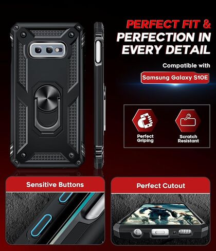 حافظة هاتف LeYi لهاتف Samsung Galaxy S10E: [𝐍𝐨𝐭 𝐅𝐢𝐭 𝐒𝟏𝟎]، مع واقي شاشة زجاجي وواقي عدسة الكاميرا، غطاء خلوي Android من الدرجة العسكرية مع حلقة مغناطيسية لهاتف Samsung S10E 5G، أسود in Kuwait
