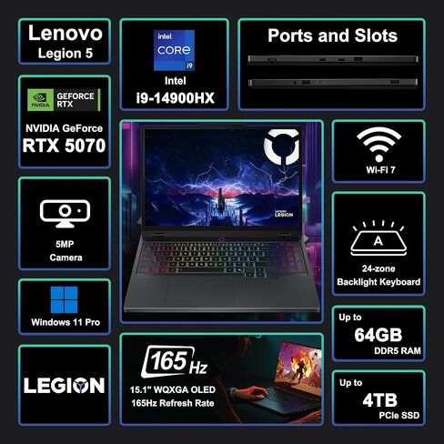 كمبيوتر محمول للألعاب Lenovo Legion 5i مقاس 15.1 بوصة WQXGA 2560x1600 OLED 165 هرتز (100% DCI-P3، 1000nits HDR) Intel 24-core i9-14900HX 32 جيجابايت ذاكرة الوصول العشوائي 1 تيرابايت SSD GeForce RTX 5070 (ما يصل إلى 798 AI Tops) RGB Backlit Win11Pro ICP Hu in Kuwait