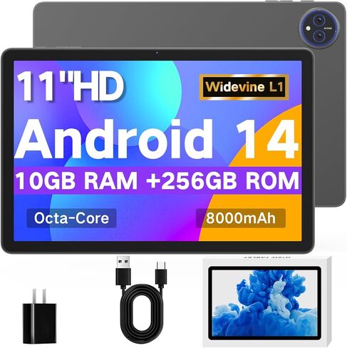 تابلت JUNYANG مقاس 11 بوصة Android 14 مع ثماني النواة، ذاكرة وصول عشوائي 256 جيجابايت، ذاكرة وصول عشوائي 10 جيجابايت (توسيع 2 تيرابايت)، كمبيوتر لوحي 2026 مع بطارية 8000 مللي أمبير في الساعة، تابلت بشاشة كبيرة عالية الدقة لقراءة تعلم الألعاب، واي فاي 6 وB in Kuwait