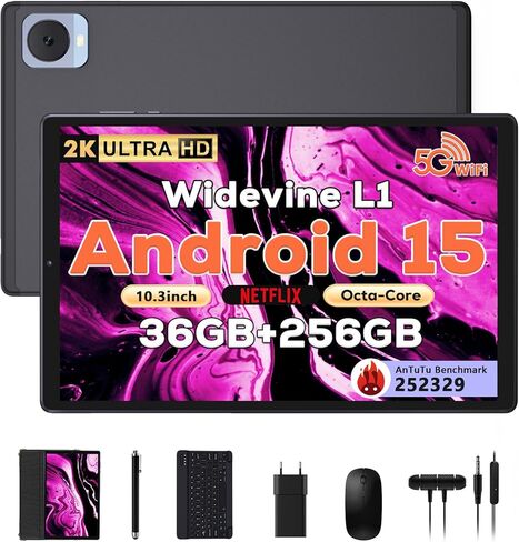 تابلت 2025 10.4 بوصة أندرويد 15 مع لوحة مفاتيح وماوس: 2K IPS Tablette (2000x1200)، 36 جيجابايت + 256 جيجابايت (1 تيرابايت TF)، 5G/2.4G Dual WiFi، 8-Core 1.6 جيجا هرتز، 8000 مللي أمبير، 8+13 ميجابكسل، Widevine L1- أسود in Saudi Arabia