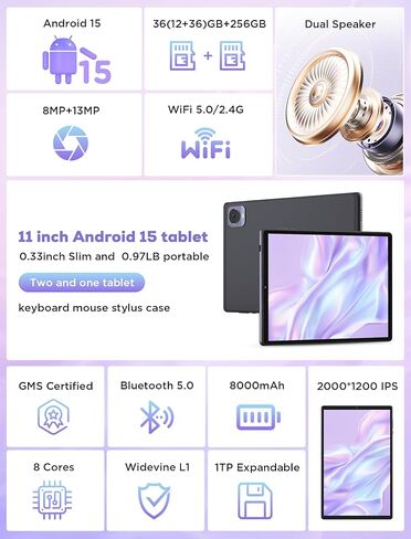 تابلت 2025 10.4 بوصة أندرويد 15 مع لوحة مفاتيح وماوس: 2K IPS Tablette (2000x1200)، 36 جيجابايت + 256 جيجابايت (1 تيرابايت TF)، 5G/2.4G Dual WiFi، 8-Core 1.6 جيجا هرتز، 8000 مللي أمبير، 8+13 ميجابكسل، Widevine L1- أسود in Saudi Arabia