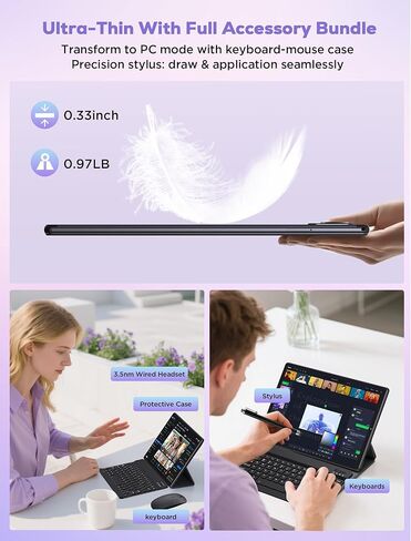 تابلت 2025 10.4 بوصة أندرويد 15 مع لوحة مفاتيح وماوس: 2K IPS Tablette (2000x1200)، 36 جيجابايت + 256 جيجابايت (1 تيرابايت TF)، 5G/2.4G Dual WiFi، 8-Core 1.6 جيجا هرتز، 8000 مللي أمبير، 8+13 ميجابكسل، Widevine L1- أسود in Saudi Arabia