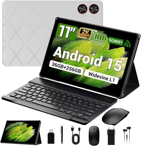 تابلت 2025 10.4 بوصة أندرويد 15 مع لوحة مفاتيح وماوس: 2K IPS Tablette (2000x1200)، 36 جيجابايت + 256 جيجابايت (1 تيرابايت TF)، 5G/2.4G Dual WiFi، 8-Core 1.6 جيجا هرتز، 8000 مللي أمبير، 8+13 ميجابكسل، Widevine L1- أسود in Saudi Arabia