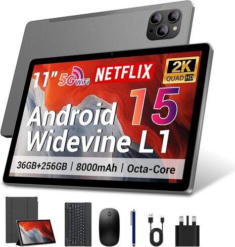تابلت 2025 10.4 بوصة أندرويد 15 مع لوحة مفاتيح وماوس: 2K IPS Tablette (2000x1200)، 36 جيجابايت + 256 جيجابايت (1 تيرابايت TF)، 5G/2.4G Dual WiFi، 8-Core 1.6 جيجا هرتز، 8000 مللي أمبير، 8+13 ميجابكسل، Widevine L1- أسود in Saudi Arabia