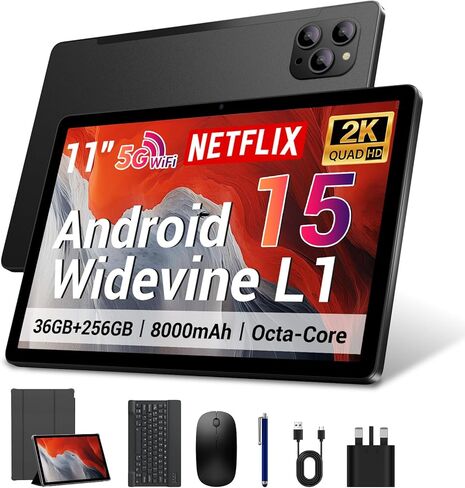 تابلت 2025 10.4 بوصة أندرويد 15 مع لوحة مفاتيح وماوس: 2K IPS Tablette (2000x1200)، 36 جيجابايت + 256 جيجابايت (1 تيرابايت TF)، 5G/2.4G Dual WiFi، 8-Core 1.6 جيجا هرتز، 8000 مللي أمبير، 8+13 ميجابكسل، Widevine L1- أسود in Saudi Arabia