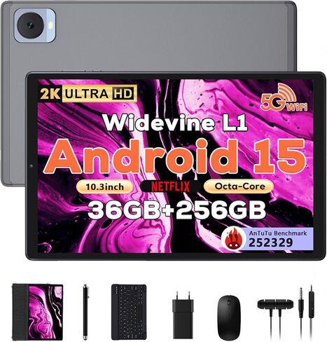 تابلت 2025 10.4 بوصة أندرويد 15 مع لوحة مفاتيح وماوس: 2K IPS Tablette (2000x1200)، 36 جيجابايت + 256 جيجابايت (1 تيرابايت TF)، 5G/2.4G Dual WiFi، 8-Core 1.6 جيجا هرتز، 8000 مللي أمبير، 8+13 ميجابكسل، Widevine L1- أسود in Saudi Arabia