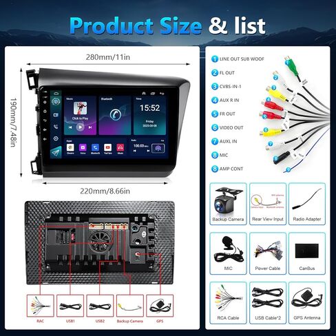 ستيريو أندرويد 13 لسيارة هوندا سيفيك 2012 2013 2014 2015 مع Apple CarPlay Android Auto | شاشة لمس IPS مقاس 9 بوصات لسيارة Honda Civic وحدة رأس راديو GPS، WiFi، DSP HiFi، كاميرا، SWC، CANBUS، 4G+64G in Kuwait