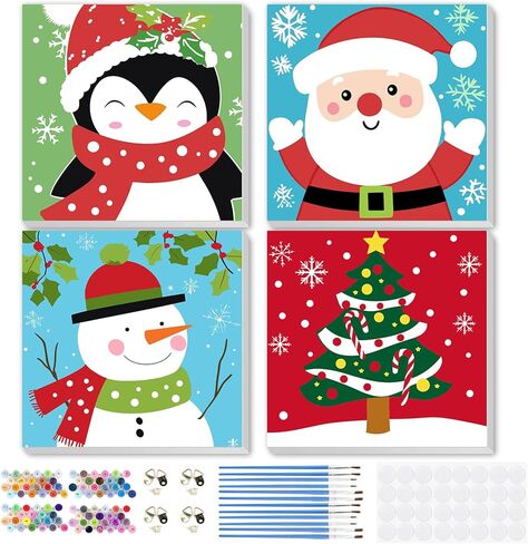 MEIYUDA Framed 4Pack Christmas Paint by Number Kit for Kids, Santa Claus Paint by Numbers for Kids Age 4-8-12, Children DIY Acrylic Oil Painting for Home Wall Decor Gift 8x8in in Saudi Arabia