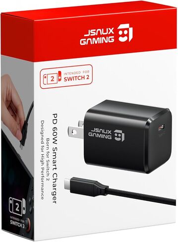 شاحن JSAUX 60 واط USB C لجهاز Nintendo Switch 2 يدعم وضع التلفزيون، شاحن GaN محمول مع كابل 6.6 قدم، شحن سريع متوافق مع Nintendo Switch/ROG Xbox Ally/Steam Deck/ROG Ally/iPhone 17 in Kuwait