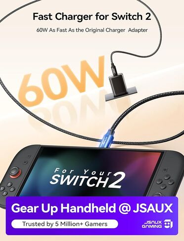 شاحن JSAUX 60 واط USB C لجهاز Nintendo Switch 2 يدعم وضع التلفزيون، شاحن GaN محمول مع كابل 6.6 قدم، شحن سريع متوافق مع Nintendo Switch/ROG Xbox Ally/Steam Deck/ROG Ally/iPhone 17 in Kuwait