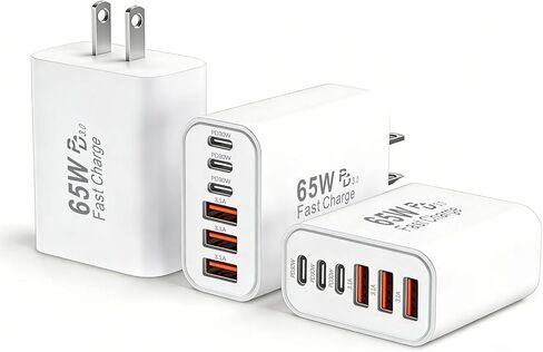 كتلة شاحن USB C بقدرة 65 وات، 3 عبوات من 6 منافذ من النوع C لشحن الهاتف السريع مكعب PD محول طاقة USB C متعدد المنافذ + QC 3.0 USB A قابس حائط لهاتف Apple iPhone 17/16/15/14/13/12/11 Pro Max/Plus/Air، iPad، Galaxy in Kuwait