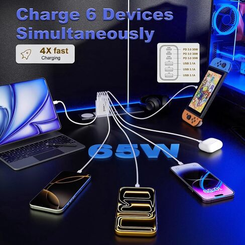 كتلة شاحن USB C بقدرة 65 وات، 3 عبوات من 6 منافذ من النوع C لشحن الهاتف السريع مكعب PD محول طاقة USB C متعدد المنافذ + QC 3.0 USB A قابس حائط لهاتف Apple iPhone 17/16/15/14/13/12/11 Pro Max/Plus/Air، iPad، Galaxy in Kuwait