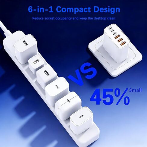 كتلة شاحن USB C بقدرة 65 وات، 3 عبوات من 6 منافذ من النوع C لشحن الهاتف السريع مكعب PD محول طاقة USB C متعدد المنافذ + QC 3.0 USB A قابس حائط لهاتف Apple iPhone 17/16/15/14/13/12/11 Pro Max/Plus/Air، iPad، Galaxy in Kuwait