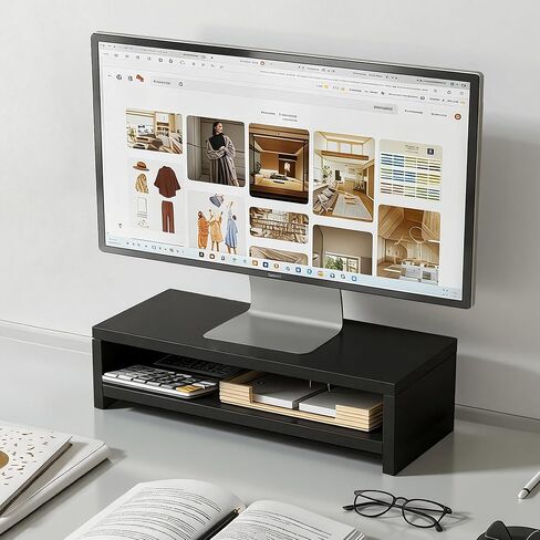 Computer Shelf for Desk, Wooden Monitor Stand Riser, 2-Tier Desk Shelf, Wood Office Desk Storage Organizer for Laptop, Computer, Black, 15.7 Inch in Saudi Arabia