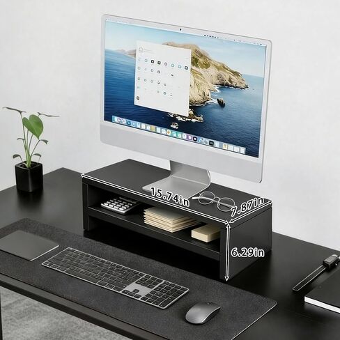 Computer Shelf for Desk, Wooden Monitor Stand Riser, 2-Tier Desk Shelf, Wood Office Desk Storage Organizer for Laptop, Computer, Black, 15.7 Inch in Saudi Arabia