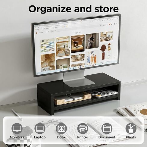 Computer Shelf for Desk, Wooden Monitor Stand Riser, 2-Tier Desk Shelf, Wood Office Desk Storage Organizer for Laptop, Computer, Black, 15.7 Inch in Saudi Arabia