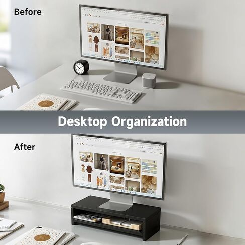 Computer Shelf for Desk, Wooden Monitor Stand Riser, 2-Tier Desk Shelf, Wood Office Desk Storage Organizer for Laptop, Computer, Black, 15.7 Inch in Saudi Arabia