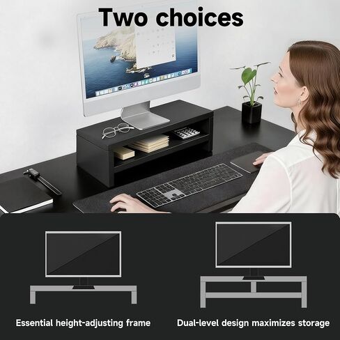 Computer Shelf for Desk, Wooden Monitor Stand Riser, 2-Tier Desk Shelf, Wood Office Desk Storage Organizer for Laptop, Computer, Black, 15.7 Inch in Saudi Arabia