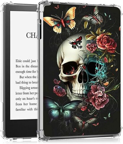 حافظة شفافة لجهاز Kindle Paperwhite 12th Gen 2024 تم إصدارها وKindle Colorsoft Signature Edition شفاف نحيف من مادة TPU غطاء خلفي مقاوم للصدمات، زهرة جمجمة فراشة in Kuwait