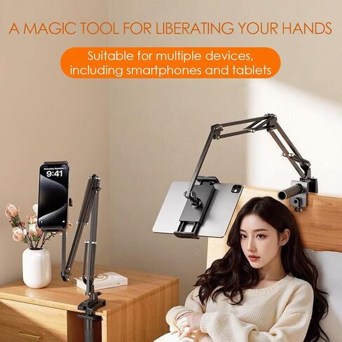 Tablet Holder for Bed, Flexible Long Arm Clamp Clip Stand for Desk Table Kitchen Game, Gooseneck Tablet Stand Holder, Foldable Adjustable - Black (Base - 5 Hole Positions) in Saudi Arabia