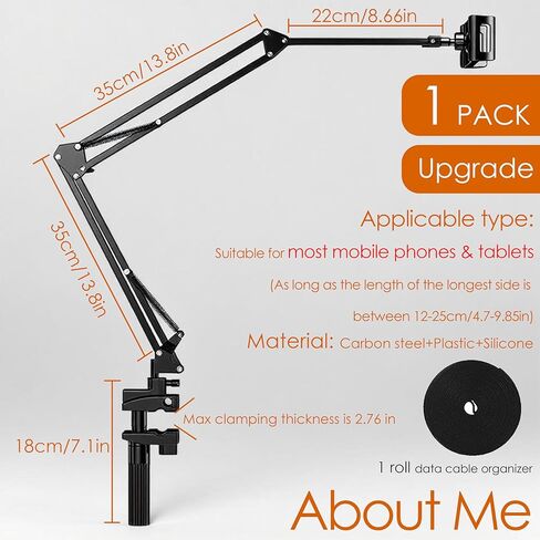 Tablet Holder for Bed, Flexible Long Arm Clamp Clip Stand for Desk Table Kitchen Game, Gooseneck Tablet Stand Holder, Foldable Adjustable - Black (Base - 5 Hole Positions) in Saudi Arabia