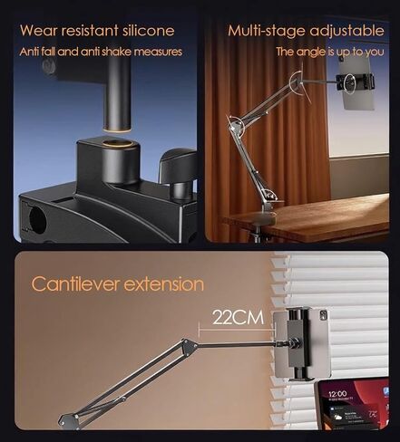 Tablet Holder for Bed, Flexible Long Arm Clamp Clip Stand for Desk Table Kitchen Game, Gooseneck Tablet Stand Holder, Foldable Adjustable - Black (Base - 5 Hole Positions) in Saudi Arabia