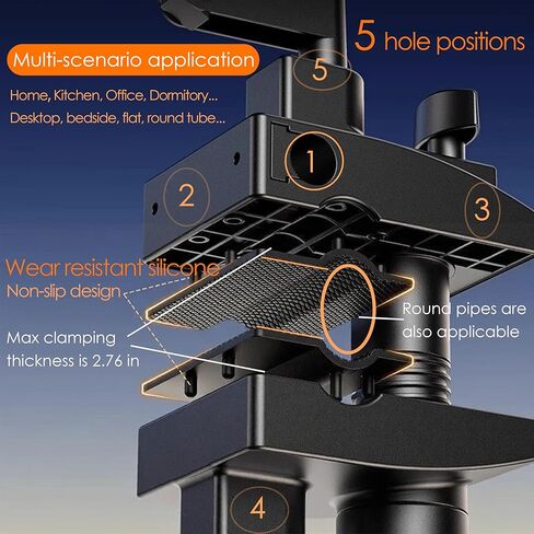 Tablet Holder for Bed, Flexible Long Arm Clamp Clip Stand for Desk Table Kitchen Game, Gooseneck Tablet Stand Holder, Foldable Adjustable - Black (Base - 5 Hole Positions) in Saudi Arabia