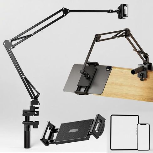Tablet Holder for Bed, Flexible Long Arm Clamp Clip Stand for Desk Table Kitchen Game, Gooseneck Tablet Stand Holder, Foldable Adjustable - Black (Base - 5 Hole Positions) in Saudi Arabia