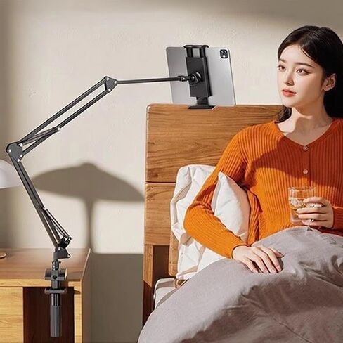 Tablet Holder for Bed, Flexible Long Arm Clamp Clip Stand for Desk Table Kitchen Game, Gooseneck Tablet Stand Holder, Foldable Adjustable - Black (Base - 5 Hole Positions) in Saudi Arabia