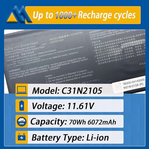 C31N2105 Laptop Battery Replacement for Asus Vivobook K3502Z K3402Z 0B200-04140000 11.61V 3-Cell 5895mAh/70Wh in Saudi Arabia