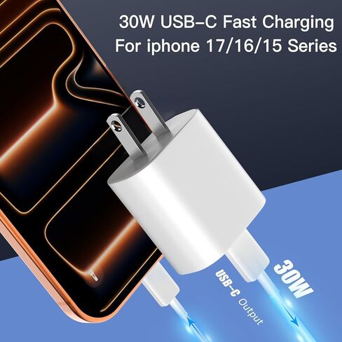 [عبوة من قطعتين] شاحن iPhone سريع 30 وات USB C مع كابل من النوع C، لسلسلة Apple iPhone 17 Pro Max/17 Pro/17/16/16 Pro/16 Pro Max/Plus/15 - محول طاقة شحن سريع للغاية in Kuwait