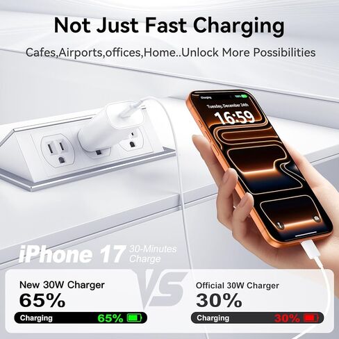 [عبوة من قطعتين] شاحن iPhone سريع 30 وات USB C مع كابل من النوع C، لسلسلة Apple iPhone 17 Pro Max/17 Pro/17/16/16 Pro/16 Pro Max/Plus/15 - محول طاقة شحن سريع للغاية in Kuwait