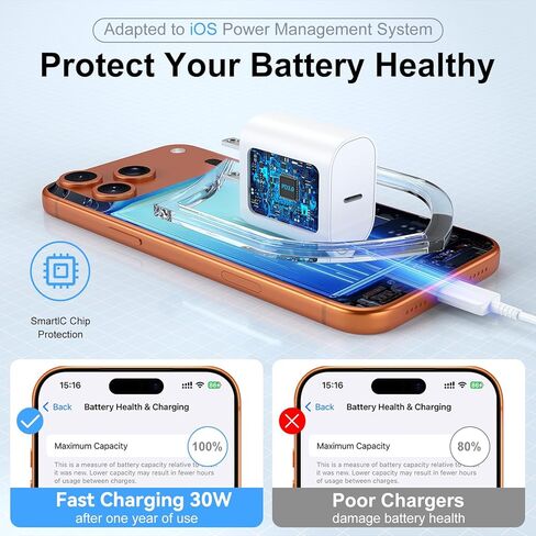 [عبوة من قطعتين] شاحن iPhone سريع 30 وات USB C مع كابل من النوع C، لسلسلة Apple iPhone 17 Pro Max/17 Pro/17/16/16 Pro/16 Pro Max/Plus/15 - محول طاقة شحن سريع للغاية in Kuwait