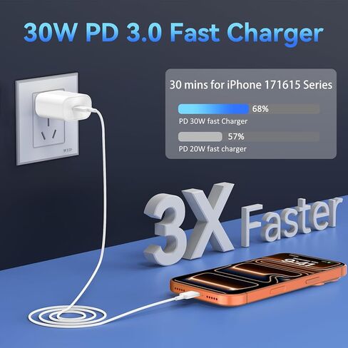 [عبوة من قطعتين] شاحن iPhone سريع 30 وات USB C مع كابل من النوع C، لسلسلة Apple iPhone 17 Pro Max/17 Pro/17/16/16 Pro/16 Pro Max/Plus/15 - محول طاقة شحن سريع للغاية in Kuwait