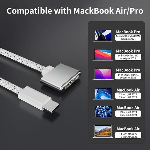 كابل USB-C إلى مغناطيسي 3 بقوة 140 واط، بطول 6.6 أقدام متوافق مع كابل Magsafe 3 لجهاز MacBook Air 2024 M3 13/15 بوصة، 2023/2022 M2، Pro 2024/2023 M4/M2 Pro & Max 14 بوصة 16 بوصة، 2021 M1 & Max 14 بوصة 16 بوصة in Saudi Arabia