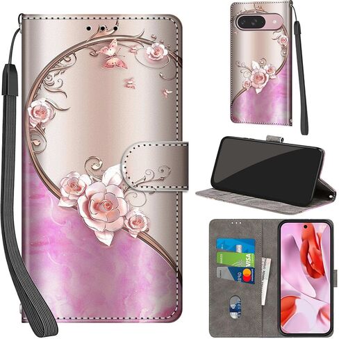 Case Wallet for Google Pixel 9 / Pixel 9 Pro, with [3 Card Slots], Kickstand Magnetic Closure PU Leather Shockproof Protective Flip Cover 6.3", Pink Rose in Saudi Arabia