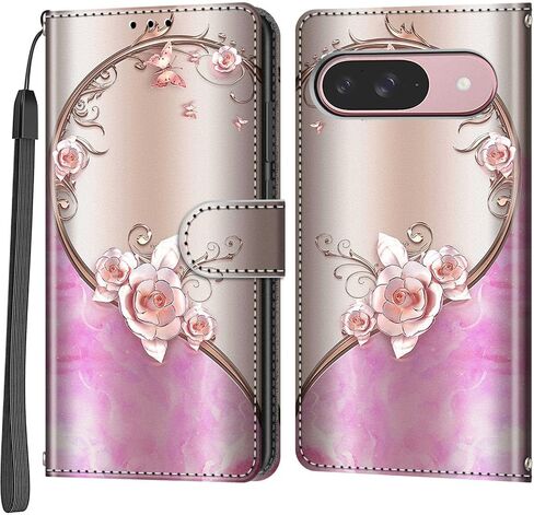 Case Wallet for Google Pixel 9 / Pixel 9 Pro, with [3 Card Slots], Kickstand Magnetic Closure PU Leather Shockproof Protective Flip Cover 6.3", Pink Rose in Saudi Arabia