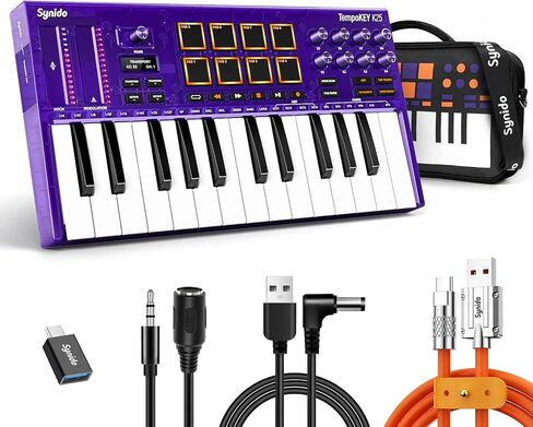 لوحة مفاتيح تحكم Synido Wireless USB C MIDI 25 مفتاحًا قابلة لإعادة الشحن مع 8 منصات RGB للسرعة، شاشة OLED، مدخل MIDI/خارج/من خلال، لوحة مفاتيح MIDI احترافية لإنتاج الموسيقى، TempoKEY W25 in Kuwait