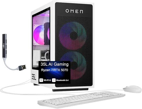 كمبيوتر مكتبي HP OMEN 35L AI للألعاب (AMD Ryzen 7 8700F، GeForce RTX 5070 12GB GDDR7، 32GB DDR5، 1TB PCIe SSD + 2TB HDD، مراوح RGB، 850W PSU، WiFi 6، Win 11 Pro) مع موسع منفذ USB DKZ in Saudi Arabia
