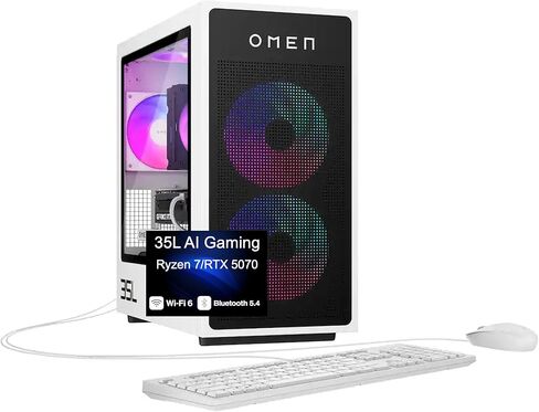 كمبيوتر مكتبي HP OMEN 35L AI للألعاب (AMD Ryzen 7 8700F، GeForce RTX 5070 12GB GDDR7، 32GB DDR5، 1TB PCIe SSD + 2TB HDD، مراوح RGB، 850W PSU، WiFi 6، Win 11 Pro) مع موسع منفذ USB DKZ in Saudi Arabia